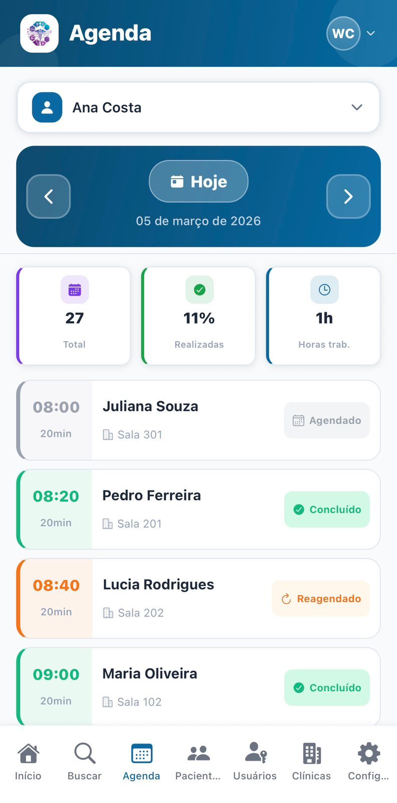 Tela inicial do aplicativo Clinicado