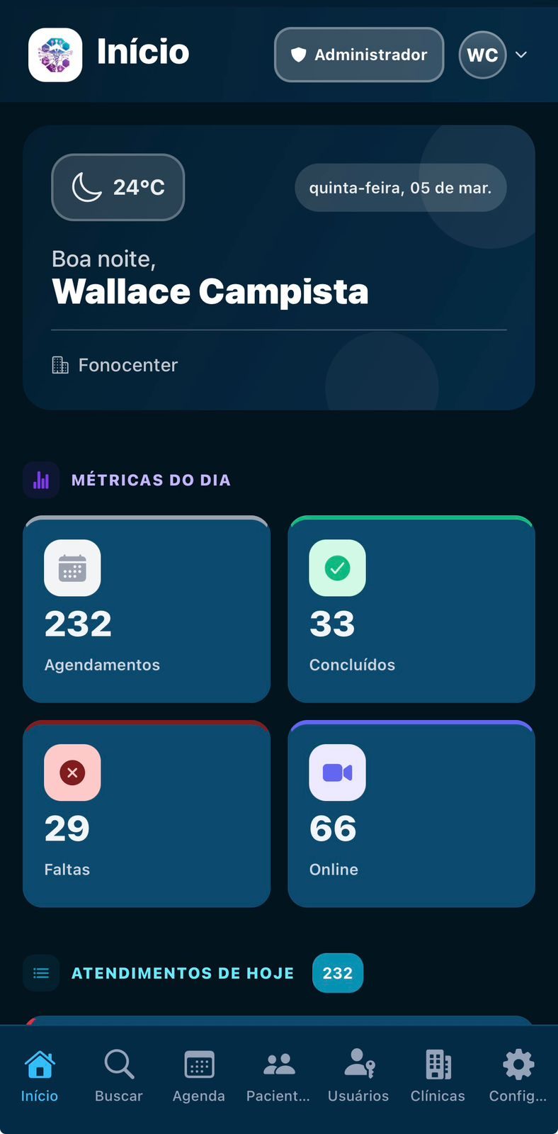 Tela do aplicativo Clinicado com lista de pacientes